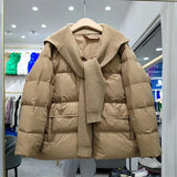 Hooded Splicing Feather Jacket Women 90% White Duck Down Coat Knitting Scarf hooded Short Parker Loose Warm