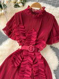 Women Irregular Pleated Party Long Dress Elegant Vacation Beach Draped Ruffle Vestidos Female Short Sleeve Maxi Robe
