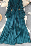 Winter Women Ruffle Pleated Long Dress Vintage Round Nec Puff Sleeve High Waist Draped Maxi Vestidos Green/Red/Purple