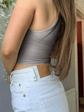 Plunge Neck Rib Crop Tank Top-Outfit