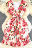 Vintage Floral Printed Pleated Dress Women Elegant V-Neck Sleeveless High Waist Draped Vacation Beach Vestidos Female