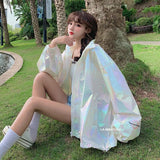New Summer Fashion Korean Hooded Windbreaker Jacket Breathable Sun Protection Womens Spring Shiny laser Jackets Casual