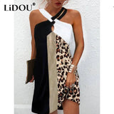 Autumn Halter Neck Leopard Mini Dress Sexy Vintage Vestidos De Fiesta Patchwork Print Sleeveless Beach Casual Dress