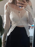 Y2K Fairycore Aesthetics Open Shoulder Zipper Slit Tops E-girl Fashion Sexy Wave Ruffles Long Sleeve T-shirt