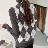 Y2K Knitted Vest Argyle Sweater Vest V Neck Sleeveless Jumper Preppy Style Plaid Knitted Pullover Autumn Winter