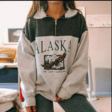 Women Sweatshirt Oversized Alaska Letter Fashion Vintage POLO Collar Casual Pullovers Long Sleeves Winter Hoodie Fleece