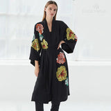 Black Elegant Embroidered Self Belted Long Kimono Long Sleeve Plus Size Women Clothing Summer Beach Wear Maxi Dress