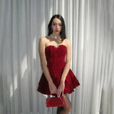 Sequin Strapless Puff Skirt Mini Dress- Outfit