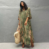 Printed V-neck Batwing Sleeve Side Split Loose Dress For Women Clothes Plus Size Beachwear Maxi Dress