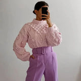 2021 Women Fashion With Pompoms Loose Knitted Sweater Vintage High Neck Pink Winter Twist Pull Female Pullovers Chic