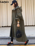 Spring Autumn Long ArmyGreen Oversized Waterproof Windbreaker Women Hood Zip Up Casual Loose Bf Varsity Raincoat