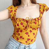 Sweetheart Tie Neck Top With Hollow Out Back In Yellow Floral