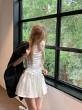 New Summer White Spaghetti Strap Dress for Women Pure Temptation Style Sleeveless Pleated Sexy Short