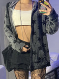 Y2K Grunge Punk Star Print Zip Up Oversized Velvet Hoodies E-girl Aesthetics Pockets Trim Long Sleeve Grey