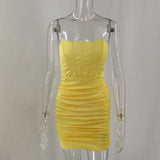 Satin Strapless Ruched Dress For Women Summer Off-shoulder Sleeveless Bodycon Party Clubwear Mini Dresses