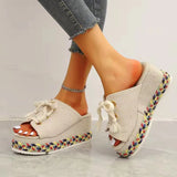 Women Summer Shoes 2022 Summer Lace Up Height Increase Wedge Slippers Women Plus Size Closed Toe Straw Platform Sandals