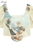 Print T-shirt For Women Summer Short Sleeved Square Collar T Shirt Streetwear Y2K Casual Chic Slim 90s Female Tees