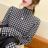 Winter High Collar Houndstooth Plus Velvet Sweater Ladies Slim All-match Bottoming Pullover Top Women Casual Warm