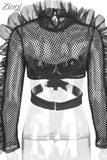 Summer T-Shirts Mesh See Through Ruffles Long Sleeve Hollow Out Exposed Navel Crop Top Fishnet T-shirts Party