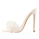 Onlymaker Peep Toe Mules Artificial Fur Slip On Gold White Thin High Sandals Big Size High Quality Summer Women Brand