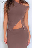 Irregular Neck Off Shoulder Tank Summer Tops Women Sleeveless Solid Color Side Split Buttons Up Vest Streetwear