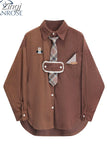 Fashion Women Corduroy Cute Embroidery Blouse Long Sleeve Lapel Collar Single Breasted Female Casual Baggy Tie Shirt