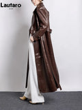 Spring Autumn Long Shiny Reflective Crocodile Print Patent Pu Leather Trench Coat for Women Runway European