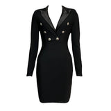 New Sexy Notched Collar Button Bandages Dress Women Bodycon Elegant Party Club Autumn Winter