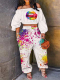 Women Two Piece Set Off Shoulder Lip Print Lantern Sleeve Crop Top & Ink Splash Pants Flare Set
