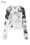 Summer Sexy Women Top Vintage Cartoon Print See Through Transparent Mesh T-Shirt Long Sleeve Harajuku Slim Lady O Neck