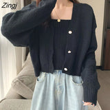 Autumn Women Knitted Two Piece Set Long Sleeve Loose Knitted Cropped Cardigan + Spaghetti Strap Camisole Top Clothing