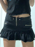 Mall Goth Y2K Zip Up Low Waist Black Denim Skirts Y2K Aesthetics Cute Pockets Trim Ruffles Mini Skirt Patchwork