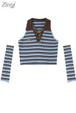 Women's Vintage Striped Slim T Shirt Y2k Design Knitted Tops Polo-Neck 90s Streetwear Harajuku Fashion Casual Crop Top
