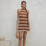 Sexy Striped Dress Blue Crochet Tunic Elegant Sleeveless Women Summer Dress Beach Wear Swim Suit Cover Up