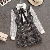 Spring Autumn 2 Piece Set Dress Women Ruffles Bow Shirt Lace Top+Plaid Sleeveless Tweed Vest Dress Double Breasted