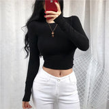 2021 O Neck White Crop Top Women Summer Casual T Shirt Basic Sexy Streetwear Slim Sexy Black Long Sleeve