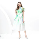 Style V Tie With Belt Mesh Yarn Leaves Side Splicing Large Swing Printing Long Dress 2025