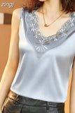 Woman Blouse V-neck Silk Embroidery Pretty and Cheap Women's Blouses 2023 Satin Shirts Tops Sleeveless Female
