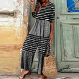 Fall Street Long Sleeve Loose Rompers Women Clothing Striped Patchwork Jumpsuits Fashion O Neck Pleated Wide Leg