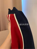 Women's Clothing Mid Height Collar Sweatshirt Pullover Patchwork Contrast Color Aesthetic Harajuku Casual Loose Long Sleeve