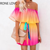 Women Gradient Color Tie Dye Off Shoulder Ruffles Dress Mini Dress Elegant Fashion Chic