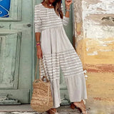 Fall Street Long Sleeve Loose Rompers Women Clothing Striped Patchwork Jumpsuits Fashion O Neck Pleated Wide Leg