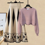 Women Autumn Winter Warm Knitted Two Pieces Sets Korean Long Sleeve Pullover Sweater Top And High Waist Skirts