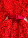 Summer Vintage Women V-Neck Puff Sleeve Hollow Out Lace Long Dress Elegant V-Neck High Waist A-Line Maxi Party