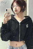 Hooded Coats Black High Waist Sudadera Short Sweatshirt Y2k Crop Tops Casual Women Zipper American Vintage