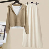 Winter Women Clothing Korean Casual Vest+knitted Sweaters+wide Leg Knitting Wide Leg Pants Sets Ladies Warm Knitwears