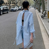 Backless Long Sleeve Collared Shirt Blue White Fall 2021 Womens Fashion Button Up Long Shirt Designer Top And