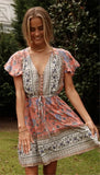 Queens Women Pink Floral Print Deep V-neck Front Button Bohemian Mini Dress Ladies Short Sleeve Elastic Boho