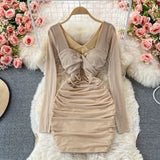 Sexy Draped Bodycon Mini Dress Women Blue/White/Khaki Twist Mesh Long Sleeve Club Party Vestidos Ladies 2023 New