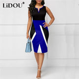 Fashion Vintage Polka Dot Plaid Print Splicing Bodycon Dress Sleeveless Office Elegant Sheath Evening Party Dresses